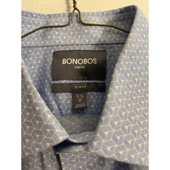 Bonobos Mens Button Down Shirt Size 16.5 Slim Fit Long Sleeve Blue Geometric - Picture 2 of 5
